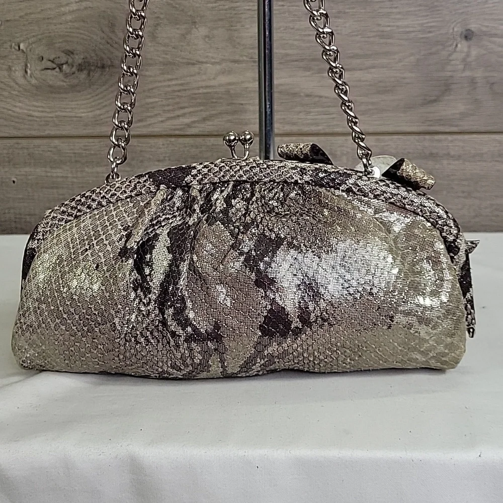 Isabella Fiore Metallic Snakeskin Pattern Clutch with Chain Strap